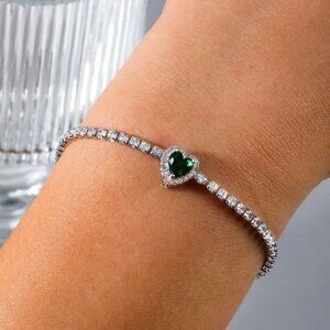 Sterling Silver Womens 2ct Green Emerald Gemstone 1ct Diamond Tennis Bracelet